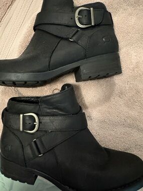 Born Black Leather Ankle Booties with Buckle Strap, 6M, Black